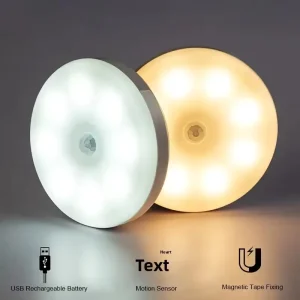 Round LED Motion Sensor Kitchen Cabinet Light Wireless USB Charging Wall Lights Wardrobe Closet Lights Emergency Night Lamp