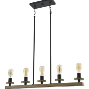 Rustic 5-Light Linear E26 Middle Pendant Light Steel & Black Metal Chandelier with 360 Beam Angle and Dimmable for Living Room
