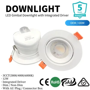 SAA Approved 12W LED Gimbal Downlight Dimmable 3CCT Switchable Rotatable Spotlight 90mm Cutout Integrated Driver