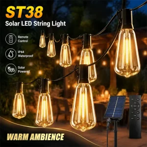 ST38 Solar String Lights Outdoor Waterproof Remote Control LED 8 Modes Dimmable CE Certified 2700K Warm White for Garden