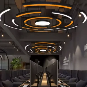 Sculptural Arc LED Iron Pendant Light RGB Remote Control Customizable Curved Chandelier for Commercial Architectural