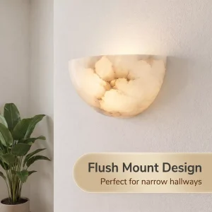 Semi curved Modern Alabaster Pattern LED Flush Mount Wall Light High CRI 90 Soft Warm Non Glare Diffused Dimmable Luxury Home