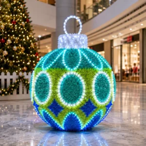 Shopping Mall Rest Area Giant 3D Christmas Ornament Ball Teal Green Blue Oval Pattern LED Motif Light CE RoHS IP65