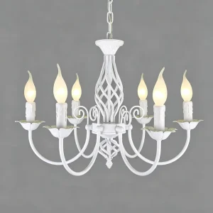 Simple 6 Light Farmhouse Candle Chandelier American Modern White Steel E14 Candle Pendant Light for Kitchen Foyer