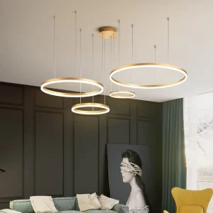 Simple Hanging Living Room Decorative Ceiling Pendant Lights Circle Rings Gold Modern LED Chandelier