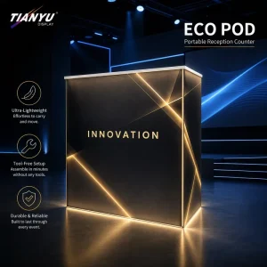 Sleek Black LED Reception Desk Luminous Front Counter Portable Trade Show Display Podium With Lockable Storage Shelving