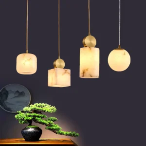 Small Alabaster Chandelier Brass Fitting Minimalist Pendant Light LED Marble Chandelier for Living Room Hotel Wedding