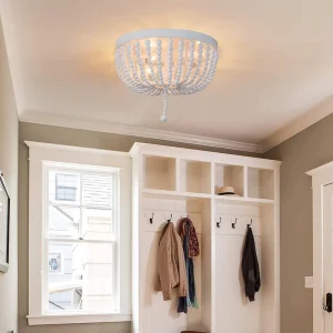 Small Flush Mount Ceiling Light for Bedroom White Farmhouse Ceiling Light for Entryway Wood Beaded Ceiling Lamp