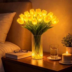Smart Home Decor Modern Tulip Decorative Table Lamp with Mixed Color Arrangement Artificial Flowers Display Piece Photo Prop