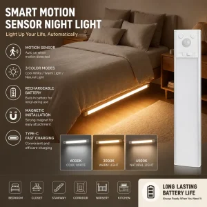 Smart LED Motion Sensor Rechargeable 15000mAh Battery Ultra Thin Home Night Light 3 Modes Charging Tube for Closet