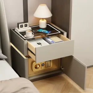 Smart Luxury Style Solid Wood with Safety Box Wireless Charging Touch Controls Light Bedside Cabinet BTBT014 for Home Bedroom