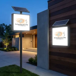 Solar LED Signage Light Box Pole Wall Mount IP65 Waterproof Aluminum+Acrylic No Electricity Outdoor Advertising Square Round