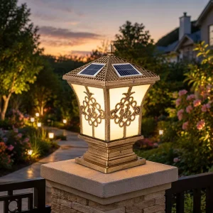 Solar Post Light Outdoor Vintage Bronze Style LED Lantern Pillar Cap Garden Patio Decorative Lamp Waterproof
