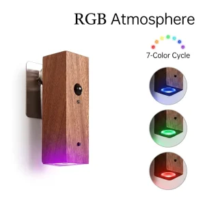 Solid Wood Square LED RGB Atmosphere Spotlight Motion Sensor Modern Wall Lamp for Home Cabinet Corridor Staircase Night Light