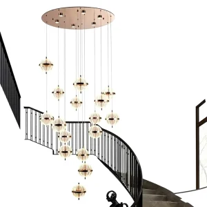 Source Factory Non standard Customized Modern Simple Ball Crystal LED Long Chandelier Villa Hollow Double story Rotating Light