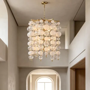 Square Frame Ribbed Glass Bubble Chandelier Adjustable Chain Dimmable LED Pendant Light for Resort Villa Height Entry Vestibule