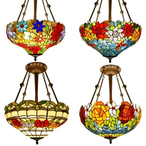 Stained Glass 18 Inch Rose Design Glass Chandelier for Bedroom Living Room Dining Room Hotel Lighting Chandelier