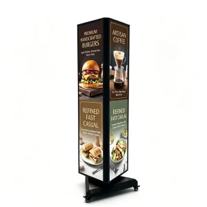 Stainless Galvanized Steel Frame 3-Sided Rotating Light Box Floor Standing Motorized Poster Display for Exhibition Booth