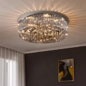 Stainless Steel Smoke Grey Crystal Ceiling Light Luxury Villa Circular Low Ceiling Lamp Modern Living Bedroom Pendant Lights
