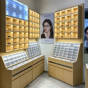 Store Design Wall mounted Display Cabinet for Lighting Glasses Custom Wooden Furniture for Sunglasses Display Showcase