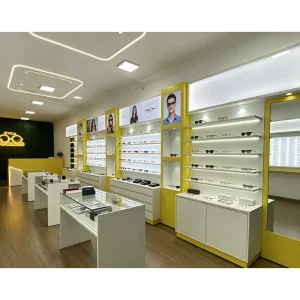 Store Design Wooden Heavy Duty Glass Back Eyeglass Spectacle Frame Display with LED Lighting for Sunglasses Showcase