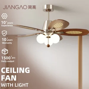 Straight Ceiling Fan with Light Retro Rattan Walnut Blades Satin Nickel for Hall Bedroom Interior Home Decoration