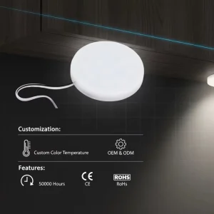 Surface Mounted LED Puck Light for Under Cabinet and Shelf Lighting with Soft Diffused Beam 5017 0