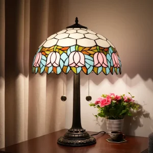 Tiffany Style 40cm Tulip Lampshade Resin Base Table Lamp for Bedroom Reading Living Room Home Sofa Desk Light