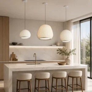 Transcendent Pleated Pendant Off White Ribbed Dome Bell Sphere Warm LED Adjustable Dining Island Project Grade Stately Noble
