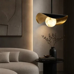Transcendent Wabi Sabi Pendant Light Curved Metal Wave Black Gold Alabaster Globe Modern Bespoke Stately Noble Piece Artwork