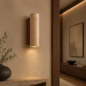 Travertine Wall Light Vertical Stone Plank Glass Ball Top Dual Glow H60cm Staircase Hallway Stone Lamp