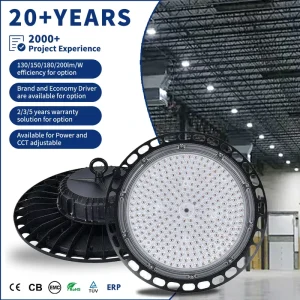 UFO High Bay Light Aluminum 100W 150W 200W Warehouse Lighting IP65 CE ROHS Certified 2-Year Warranty 3500K Warm White AC