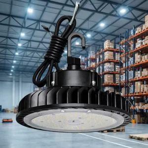UFO LED High Bay Light 100W ETL Industrial Warehouse Lighting Fixture 5000K 150LM/W for E-Commerce Fulfillment Center Warehouse