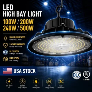 US Stock Industrial Lighting Highbay 100W 150W 200W 240W IP65 Round Pendant Fixture Warehouse Shop Light UFO LED High Bay Light