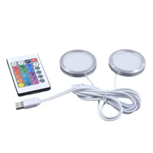 USB Dual 5V RGB Remote Control Ultra Thin Round LED Light 8mm Cabinet Display RV Lighting Base for Camper Van Cabinet Display