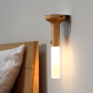 USB Rechargeable LED Wall Lamp Modern Vintage Wooden Sconces for Bedroom, Touch Control, Candle Style
