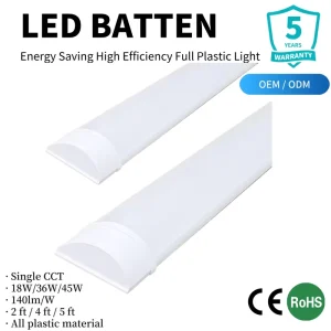 Ultra-Slim 3CCT LED Batten Light 18W/36W/45W High Efficacy 100lm/W Full Plastic IP20 CE RoHS Certified Factory Direct