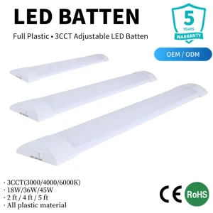 Ultra Slim LED Batten Light IP20 Full Plastic 3CCT Switchable 2ft 4ft 5ft Purification Lamp CE RoHS European Style