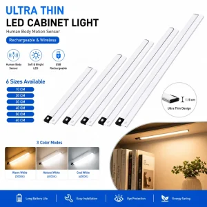 Ultra Thin Rechargeable LED Cabinet Light Motion Sensor Closet Light Wireless Under Cabinet Lighting for Kitchen Wardrobe