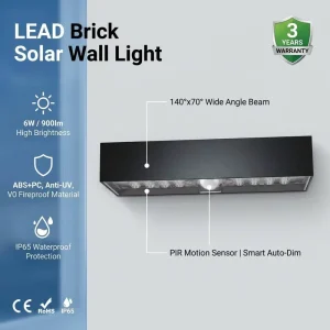 V0 Fireproof ABS+PC Solar LED Outdoor Wall Lamp 6W 900lm PIR Auto Dim IP65 Wide Angle 3 Year Warranty