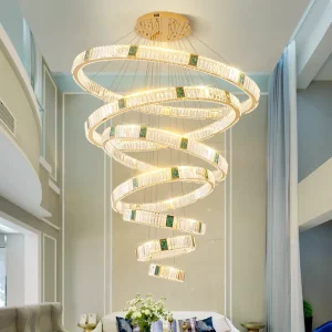 Villa Modern High Ceiling Ring Pendant Light Green Jade Round Ring Hanging Lamp Large Luxury Gold Crystal Custom Chandelier