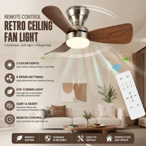 Vintage 30 Inch Acrylic Bedroom Ceiling Fan Light 4800LM Full Spectrum LED 3 Color Modes 6 Speed Remote Control 3500K 6500K