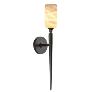 Vintage Candle Shape Wall Sconce Natural Alabaster Shade Black Brass Metal Wall Lamp for Home Hotel Villa Decor