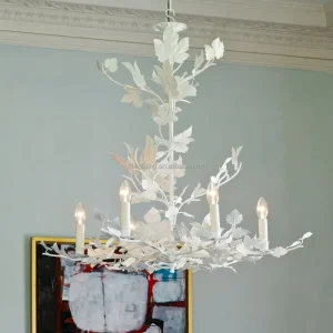 Vintage Chalk White Metal Leaf Chandelier Antique Foliate Maple Tree Branch Pendant Light for Living Room Villa