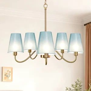 Vintage Decorative 5 Light Gold LED Fabric Pendant Chandelier Adjustable Height Middle Size for Dining Room Bedroom Living Room