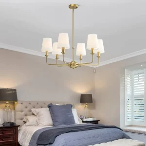 Vintage Decorative Designer Iron Chandelier 6-Lights Gold Black Fabric Shade Adjustable Height Pendant Light for Home Restaurant