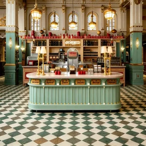 Vintage European Elegance Cafe Signature Central Island Bar Classic Wine Display Espresso Bar