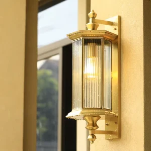 Vintage IP65 Waterproof LED Brass Garden Wall Light with Decorative Glass Shade 3500K Warm White 2 Year Warranty