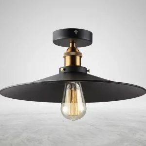 Vintage Industrial Black Wide Iron Shade Semi Flush Mount Ceiling Light for Indoor Cafe Warehouse Decor Lamp