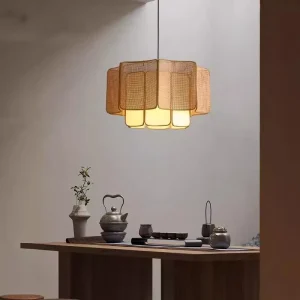 Vintage Layered Rattan Chandelier Light Burlywood Coffee Woven Pendant Lamp for Home Hotel Decor